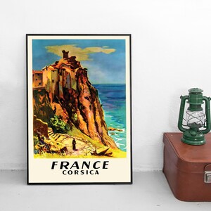 Póster de viaje vintage Córcega Francia Decoración del hogar Arte de pared Impresión de pared vintage Idea de regalo de cumpleaños Acantilado Océano Mediterráneo