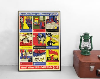 1930s German KPD Election Poster: "Against fascism and Hindenburg Politics" Weimar Republic Political Print