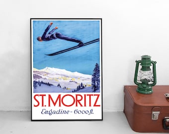 Poster Travelling Switzerland "St Moritz" Ski jumping Skiing Vintage Art Wall Print Home Decor