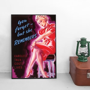 WWII Propaganda Poster USA &quot;You forget, but she remembers. Careless talk costs lives&quot; Spies Second World War Patriotism WW2 Wall Print Spy