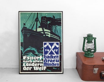 Cartel de cerveza alemana de los años 30: Hackerbräu München (Arte de pared vintage)