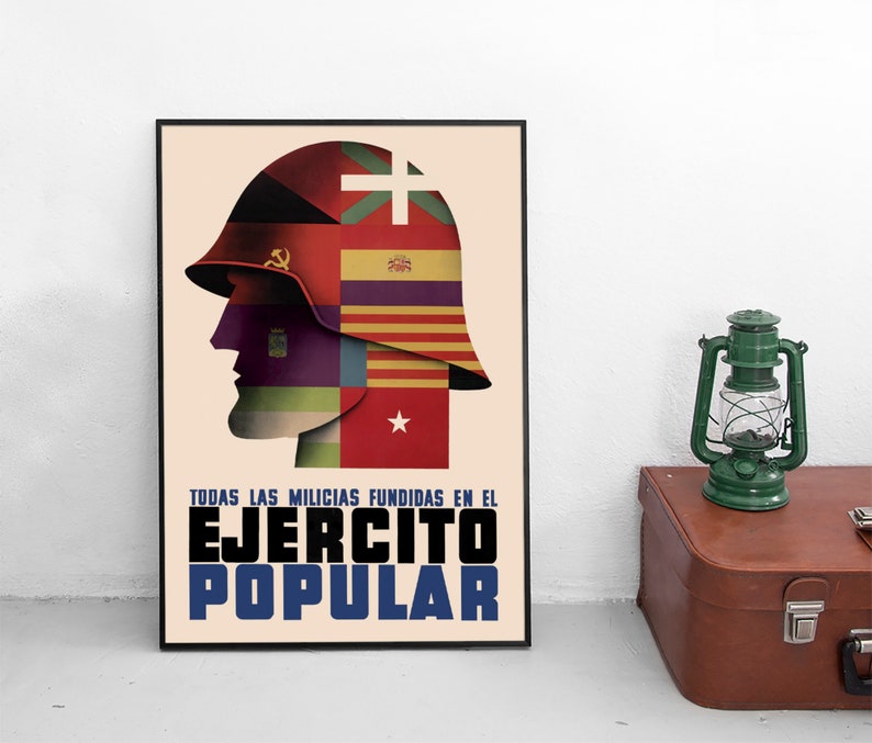 Cartel de propaganda de la Guerra Civil Española "Todas las fuerzas unidas en el ejército popular" Gobierno del Frente Popular Republicano Guerra civil España imagen 1