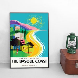Póster de viaje vintage "Viajar en tren a la Costa Vasca". Decoración francesa para el hogar, arte mural vintage, idea de regalo de cumpleaños, ferrocarriles franceses.