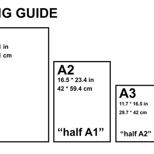 May include: A sizing guide for paper sizes A1, A2, A3, and A4. The guide shows the dimensions in inches and centimeters for each size. The text "half A1", "half A2", and "half A3" is also included.