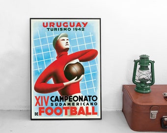 Pôster de futebol do Uruguai, Campeonato Sul-Americano de 1942, arte vintage para decoração de parede.