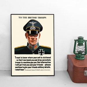 Cartel de propaganda británica "A las tropas británicas" que se burla de los espías alemanes, el patriotismo de la Segunda Guerra Mundial, la impresión mural de la Segunda Guerra Mundial, el espía.