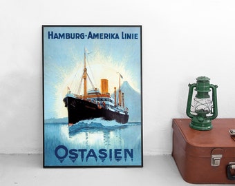 Hamburg-Amerika Linie Ostasien Poster c.1922, Münsterland Ocean Liner, Vintage German Maritime Wall Art