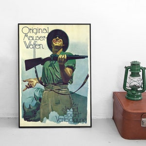 Niemiecki plakat reklamowy z lat 20. XX wieku „Karabiny Mauser do polowań, sportu i obrony”