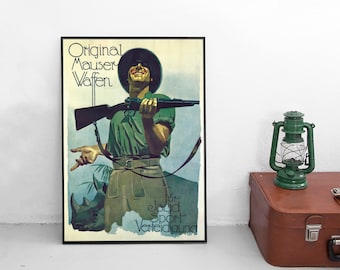 Niemiecki plakat reklamowy "Karabiny Mauser dla łowiectwa, sportu, obrony| Lata 20. | K98 | Sztuka plakatowa | Wystrój