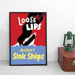 Cartel de propaganda de EE. UU. "Los labios sueltos pueden hundir barcos". Espías, marina mercante, Segunda Guerra Mundial, patriotismo, Segunda Guerra Mundial, impresión artística de pared, espía.