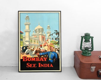 May include: A framed travel poster featuring an illustration of a building with a large dome and minarets, a person in a blue uniform, a bullock cart, and the text BOMBAY SEE INDIA in red letters against a black background at the bottom.