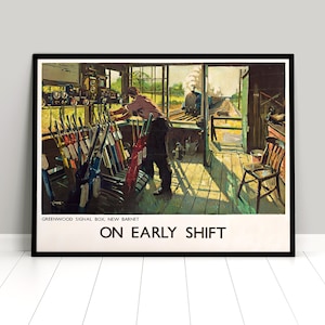 Poster UK &quot;Early shift&quot; Signal box Steam Train. British Railways Print home decor Wall Print Travel Travelling