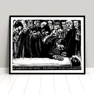 May include: A black and white woodcut print depicting a group of people gathered around a table. The print is titled "Die Lebenden Dem Toten. Erinnerung an den 15. Januar 1919."