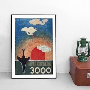 Cartel de propaganda de la guerra de Vietnam "Celebrando la victoria número 3000" Impresión del Viet Cong de Ho Chi Minh en Vietnam del Norte