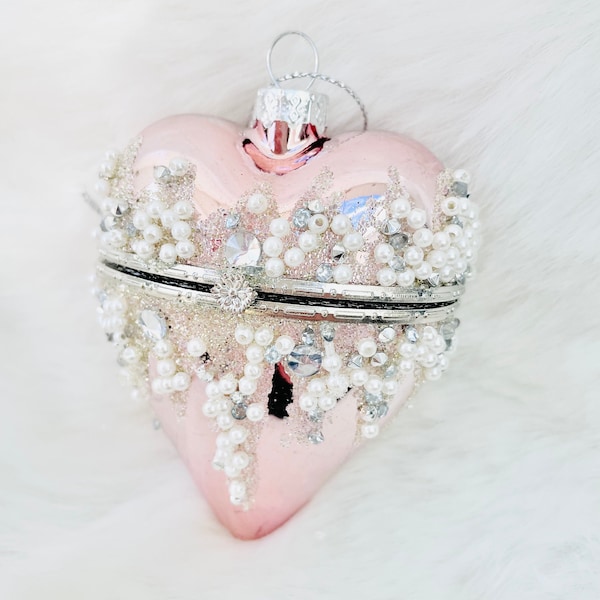 Blush pink heart Locket Christmas Tree hanging decoration Pearls Rhinestones opening engagement gift Ashes Secret Compartment Opening