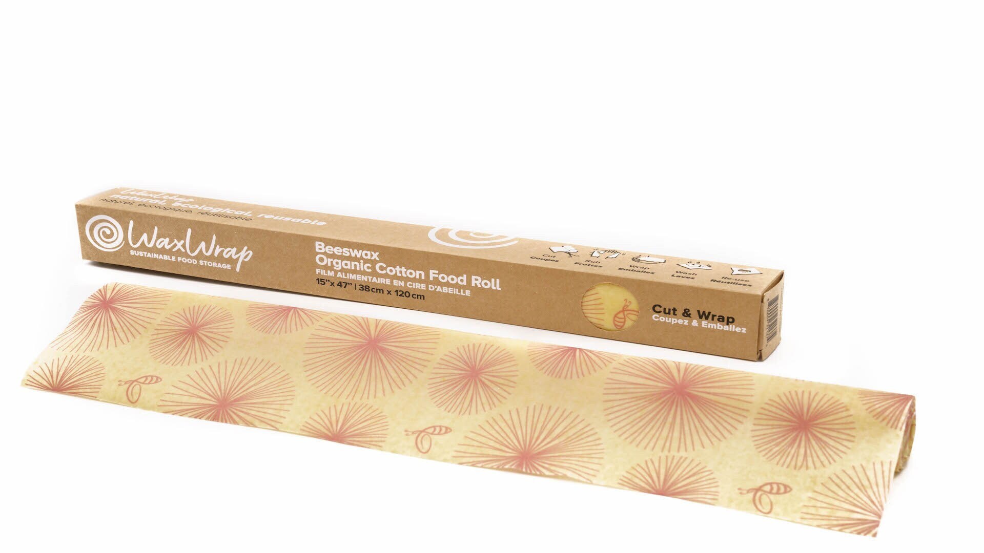Waxwrap, Emballage Alimentaire, Film Alimentaire en Cire d'abeille et Coton Bio, Rouleau 38x120cm
