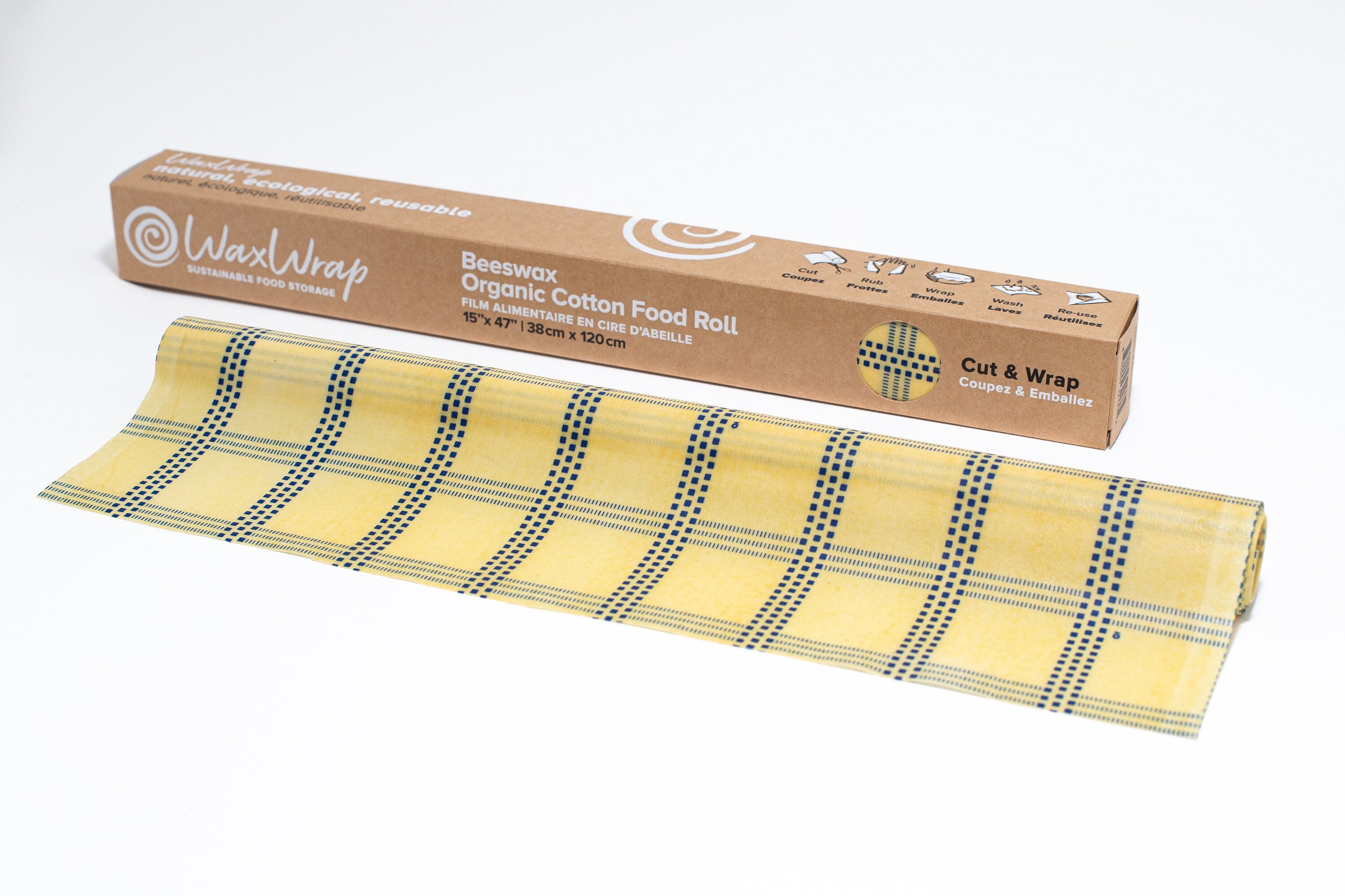 Waxwrap, Emballage Alimentaire, Film Alimentaire en Cire d'abeille et Coton Bio, Rouleau 38x120cm