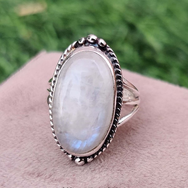 Long Oval Moonstone Ring, 925 Sterling Silver Ring, Gifts for Her, Bohemian Ring, Moonstone Ring, Big Stone Ring, Dainty Rings For Women