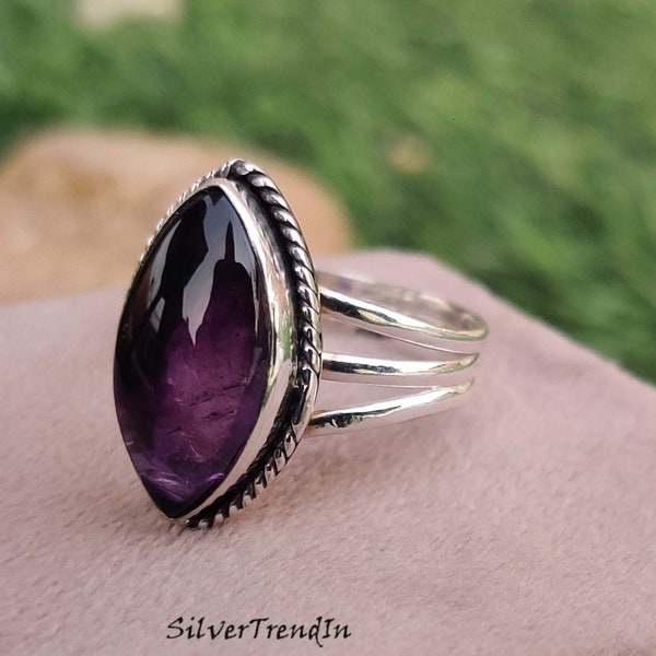 Natural Purple Amethyst, 925 Sterling Silver, Dual Band Ring. Marquise Cut, Chevron Amethyst Ring, Christmas Gift, February Birthstone