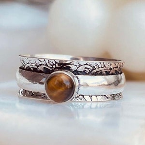 Tiger Eye's Ring 925 Sterling Silver Spinner Ring Meditation Ring Anxiety Ring Worry Ring Fidget Ring Floral Ring Bridesmaid Gift For Her