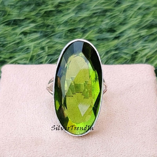 Green Peridot Ring, 925 Sterling Silver Ring, Handcraft Ring, Statement Ring For Women, Long Oval Stone Ring, Minimalist Ring, Gift For Love