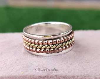 Three Tone Spinner Ring, Most Popular Spinner Ring, Meditation Ring, Band ring 925 Sterling Silver Ring, Handmade Ring, Boho Ring Women Ring