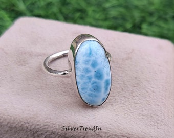 Long Oval Larimar Gemstone Ring 925 Sterling Silver Handmade Ring Statement Ring Stackable Ring Promise Ring Gift For Her Women Dainty Ring