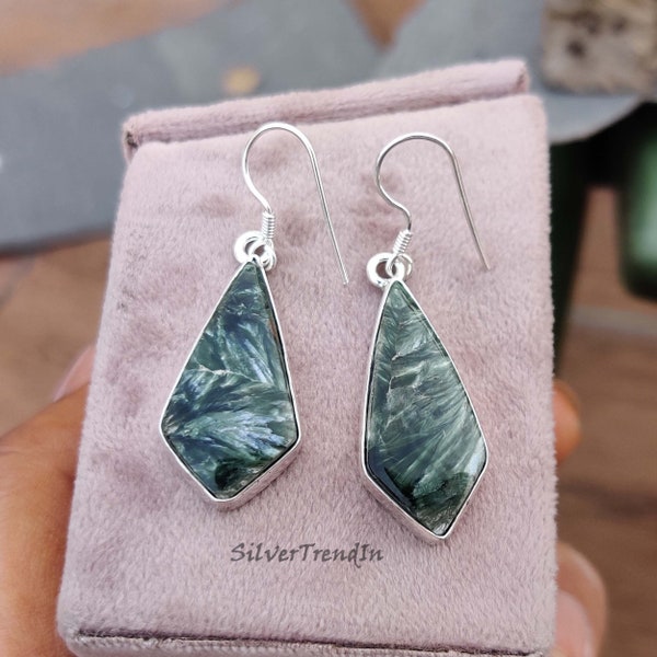 Natural Seraphinite Gemstone Earrings, 925 sterling silver, Handmade Earrings, Gorgeous Earrings, Dangle and drop Earrings,All occasion Gift