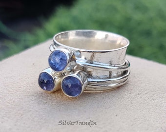 Tanzanite Spinner Ring, Three Stone Ring, 925 Sterling Silver Ring, Handmade Hammered Ring, Women Ring, Unisex Ring, Occasional Gift Jewelry