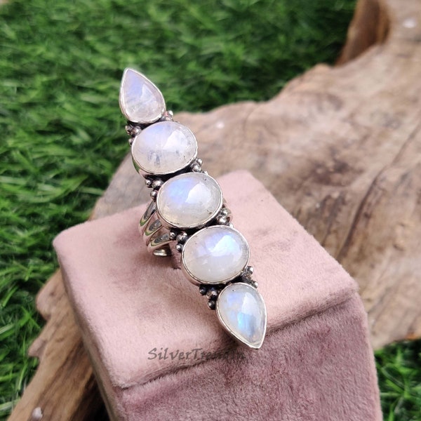 Natural Moonstone Ring,Multi Stone Ring,Handmade Ring,925 Sterling Silver Ring,Statement Rainbow Moonstone Ring,Wedding Ring,Gift For Her