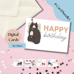 Elegant Birthday Cat Digital Card Bundle / Cat Birthday Cards / Instant Download PDF - Digital Download-Printable Cards In 2 Sizes A2 & A7