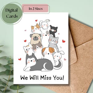Wenskaart Missing You - ontwerp met schattige dieren - digitale download in 2 formaten A7 en A2 - Vaarwel kaart-pensioen-afdrukbare kaart