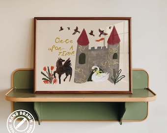 May include: A framed art print featuring a castle with red turrets, a winged horse, a white swan, and birds. The text "Once upon a time" is written in yellow. The illustration includes red flowers and green vines on a cream background in a brown frame.