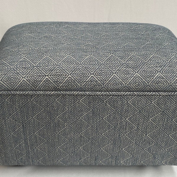 Footstool / poufee upholstered in light blue diamond effect fabric
