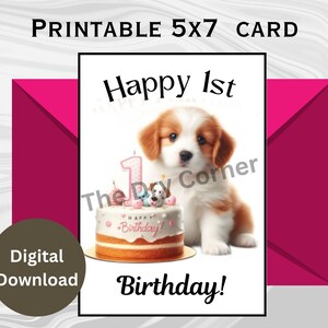 Cartão Feliz primeiro aniversário com cachorrinho e bolo