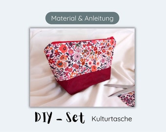 Nähpaket Kosmetiktasche für Mädchen mit Blumen - Nähset für Anfänger mit Anleitung - Kulturtasche für Kinder - rot