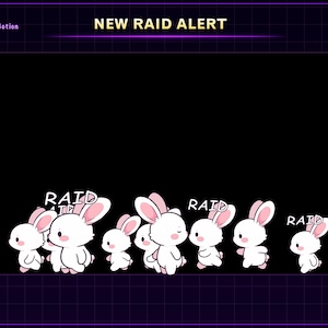 May include: A black background with a grid pattern and the text "NEW RAID ALERT" at the top. A line of white cartoon bunnies with pink ears and cheeks are at the bottom, with the word "RAID" above them.
