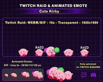 Alerta de Raid do Twitch com Kirby animado comemorando, animação de Raid do Kirby com emote do Kirby, alerta engraçado do Twitch para streamers.
