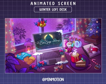 Pantalla animada de invierno Lofi Desk Twitch Stream, Retro Lofi Desk, Árbol de Navidad, Santa Claus, Chocolate caliente, Dulces, Púrpura, Gráfico para transmisión en vivo