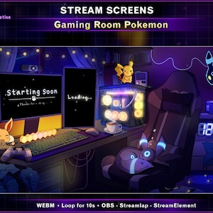 Puede incluir: Ilustración digital de una sala de juegos con temática Pokémon. Dos pantallas de ordenador muestran "Starting Soon" y "Loading..". Una figura de Pikachu está encima de una torre de ordenador. La habitación está iluminada con luces de neón y un reloj digital.