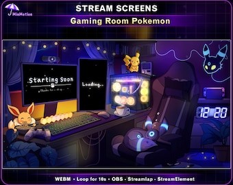 Animated Stream Screens Pokemon Gaming Room, Cozy PC Setup Twitch Overlay with Pikachu, Eevee, Shiny Umbreon for VTuber, Kick