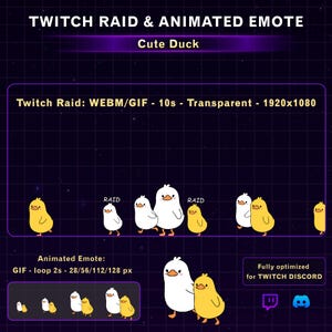 Può includere: Emote animata di Twitch con un'anatra carina dei cartoni animati. L'immagine include il testo "TWITCH RAID & ANIMATED EMOTE" e "Cute Duck". L'emote è disponibile nei formati GIF e WEBM, ottimizzata per Twitch e Discord.