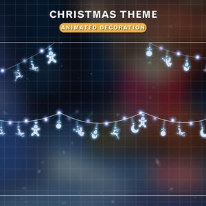 May include: A blue and white grid background with two strings of white lights with various Christmas-themed decorations, including a snowman, reindeer, and a star. The text "CHRISTMAS THEME ANIMATED DECORATION" is at the top of the image.