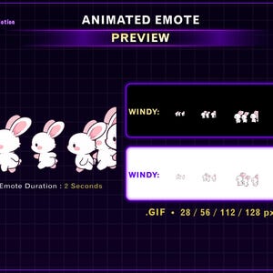 May include: Animated emote preview featuring a series of white bunny characters with pink ears and cheeks. The text "WINDY" appears above and below the animated preview. The emote duration is 2 seconds.