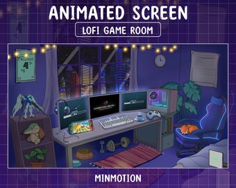 5x Lofi Gaming Room Twitch Screen animado / Lofi Aesthetic Gaming PC Room scene / Snow Falling Overlay / Cozy Kawaii Gamer Play