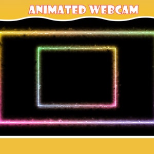 Könnte beinhalten: Ein schwarzer Hintergrund mit einem regenbogenfarbenen, animierten Webcam-Rahmen. Der Rahmen besteht aus zwei Quadraten, wobei sich eines innerhalb des anderen befindet. Das äußere Quadrat ist leuchtend pink, das innere Quadrat ist hellblau.