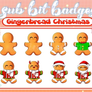 May include: Set of eight gingerbread man themed Twitch sub bit badges. The badges feature gingerbread men with different Christmas-themed outfits, including a Santa hat, reindeer antlers, and a scarf. The text "Gingerbread Christmas" is at the top of the image.