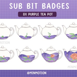 May include: Eight purple teapot badges with different floral designs inside. The text "SUB BIT BADGES" and "8x PURPLE TEA POT" are at the top. The artist's name, "MINMOTION", and social media handle are at the bottom.