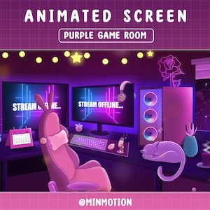 5x Twitch Animated Stream Screens / Lo-fi Aesthetic Gaming PC Room Scenes / Retro Purple Plant House / Cozy Kawaii Gamer Play / Night Stream
