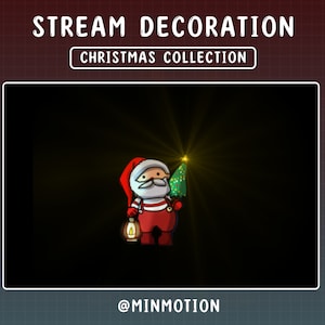 Op de afbeelding: Een cartoon kerstman die een kleine kerstboom vasthoudt met een glimmende ster bovenop. De achtergrond is zwart met een gele gloed rond de personages. De tekst "STREAM DECORATION CHRISTMAS COLLECTION" staat bovenaan de afbeelding en "@MINMOTION" onderaan.